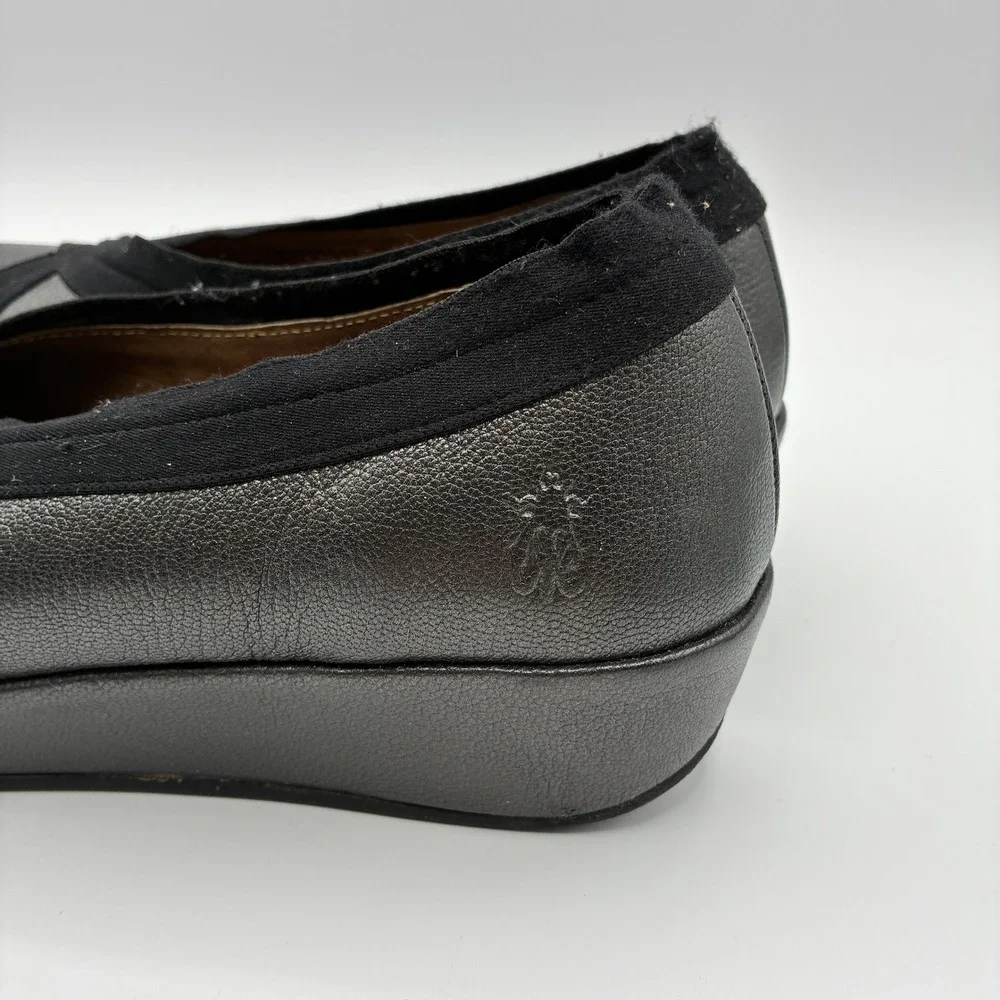 Fly London Bobi Wedge Loafers Womens 41 10 Black Metallic Leather Slip On Shoes